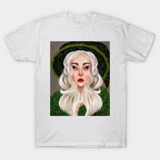 Forest Witch Illustration Fern Witch Hat White Hair Green Eyes Stars and Crescent Moon T-Shirt